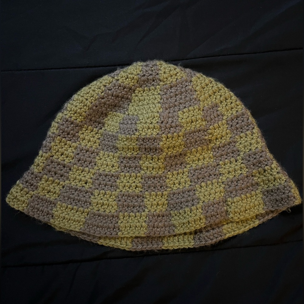 grey and brown handmade checkered crochet bucket hat